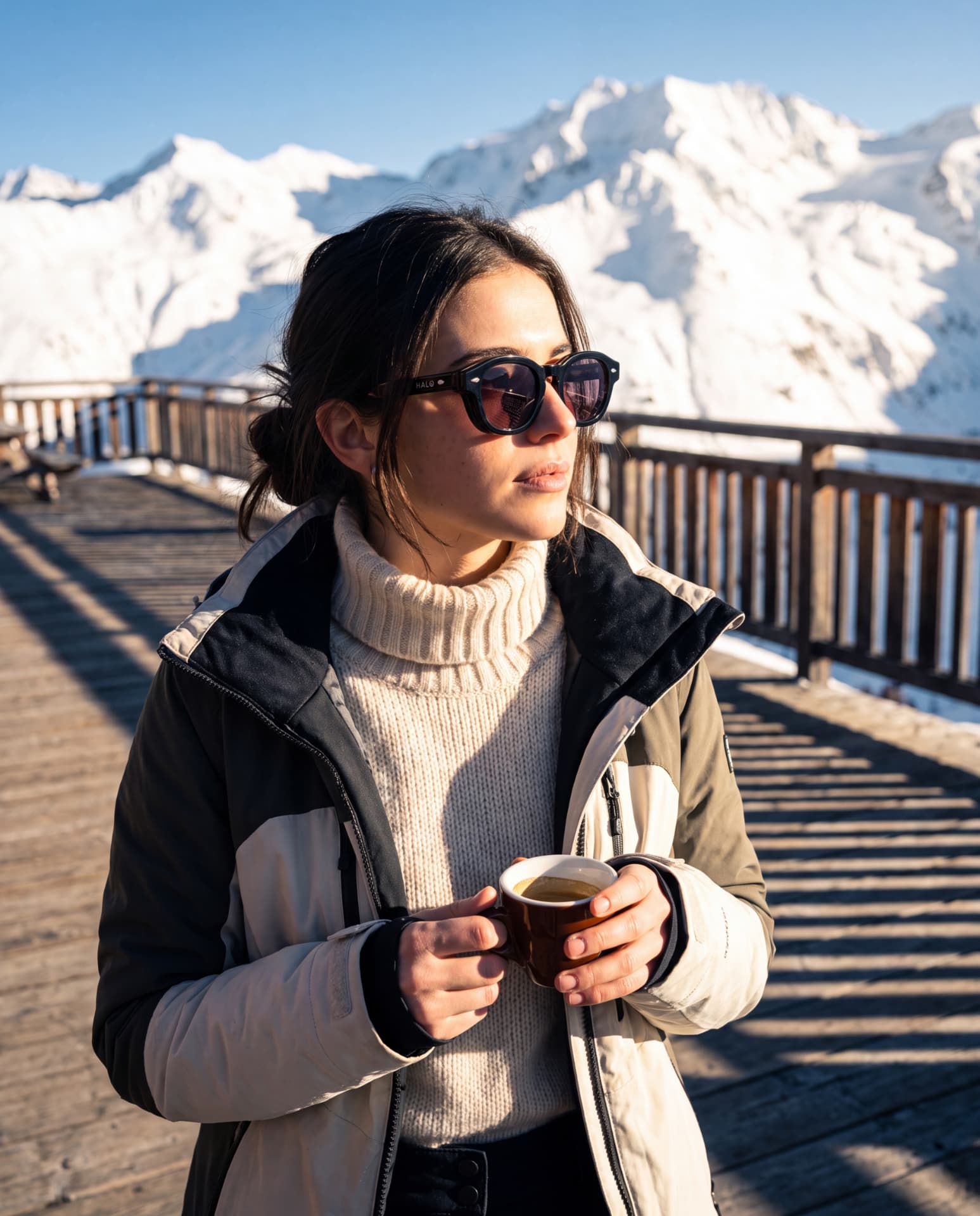 Woman wearing HALO sunglasses on a mountain terrace