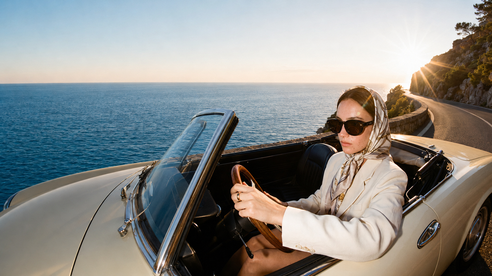 A woman driving a vintage convertible along a Mediterranean coast road wearing HALO frames with the magnetic sun overlay