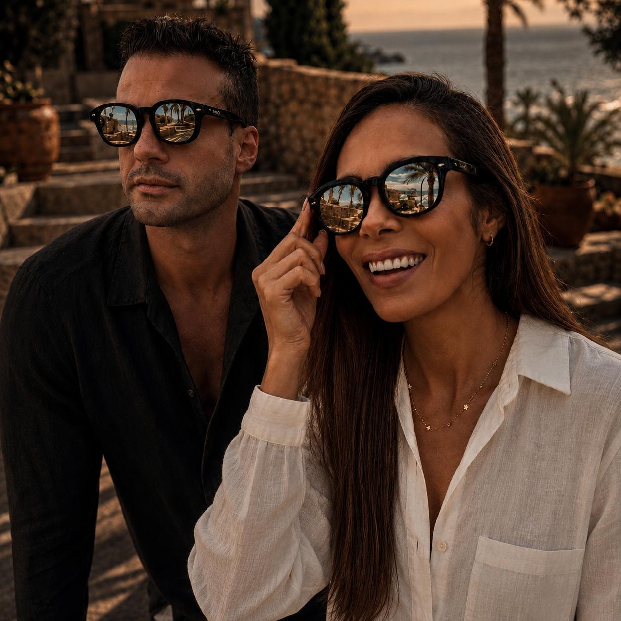 A couple wearing HALO Phoenix sunglasses at a Mediterranean coastal resort at golden hour