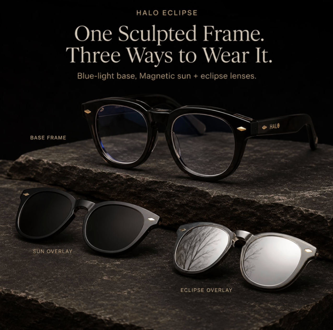 The HALO system: one clear blue-light base frame with two connected magnetic overlay frames, a dark sun overlay and an ISO-compliant silver-mirrored eclipse overlay, on dark stone